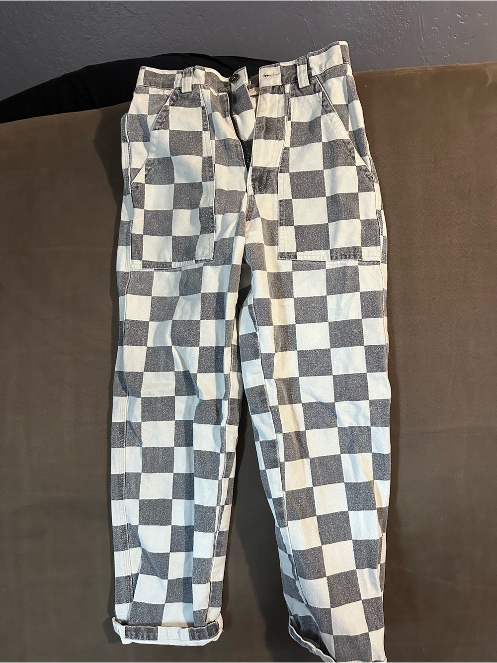 Checkerboard Pattern High-Waist Pants in Grey & White
